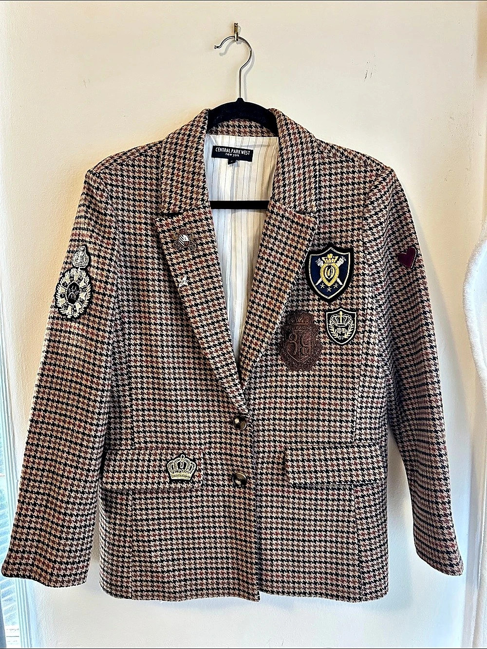 Central Park West Houndstooth Embellished Blazer Brown & Black Medium